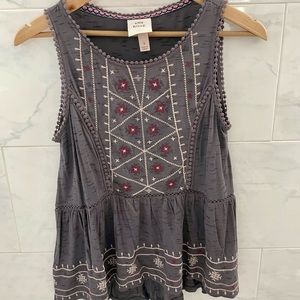 Gray / Mauve Embroidered Tank Top with Empire Waist